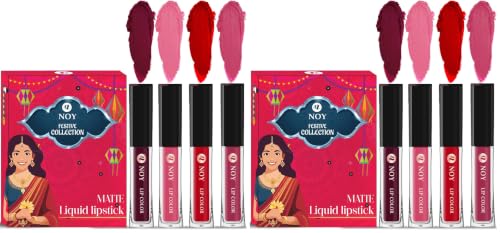 Image of Noy Liquid Matte Festival Collection 4 Fabulous Lipstick Shades Wine, Peach, Red, Pruple Shades (Pack of 2)
