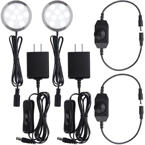 Image of Under Cabinet Light 2.5 inch, Single LED Puck Light for Kitchen Counter Collection Display Lighting, Dimmer Switch, 120VAC Plug in, Black Cord, 2 Packs, Cool White