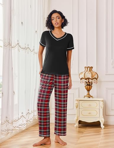 Ekouaer Pajamas for Women Set 2 Piece Lounge Set Soft Pajama Sets Short Sleeve and Pants Pj Sets Loose Sleepwear with Pockets Red Plaid — view 6