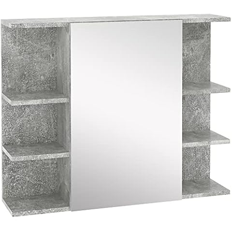 kleankin Spiegelschrank Badschrank Hängeschrank Badmöbel Wandschrank Mehrzweckschrank mit offenen Fächer Spanplatte Glas Grau 80 x 19,8 x 64 cm Cover