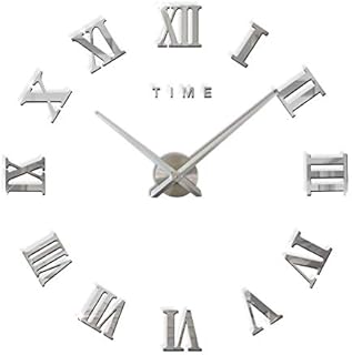 FAS1 Modern DIY Large Wall Clock Big Watch Decal 3D Stickers Roman Numerals Wall Clock Home Office Removable Decoration for Living Room - Silver (Battery NOT Included)