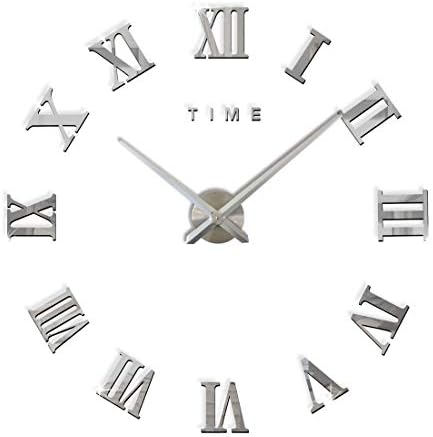 FAS1 Modern DIY Large Wall Clock Big Watch Decal 3D Stickers Roman Numerals Mute Wall Clock Home Office Removable Decoration - Silver (Battery NOT Included)