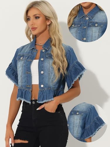 Allegra K Denim Jacket for Women's Button Down Ruffled Short Sleeve Lightweight Peplum Hem Jean Jacket2