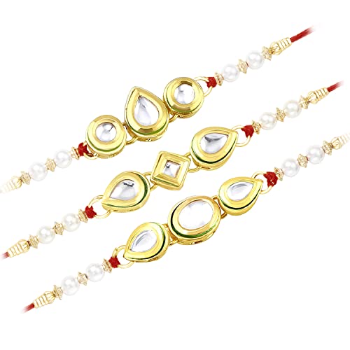 Image of Peora Rakhshabandhan Thread Rakhi for Brother Bhaiya | Crystals & Kundan Studded | Combo, Set of 3 | Rakhi Hamper with Roli Chawal & Greeting Card