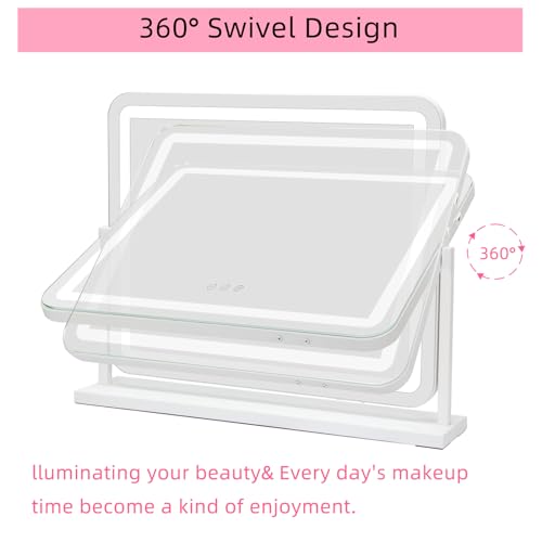 Illuminated 22 x 18 Vanity Mirror with Touch Control, 3 Color Dimming, 10X Magnification, Metal Frame, 360° Rotation, Phone Holder, USB Port - White