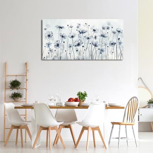 Image of VEAEE Framed Flowers Canvas Wall Art - Indigo Floral Canvas Pictures, Living Room Wall Decor, Botanical Canvas Prints Painting Abstract Artwork Bedroom Office Home Decor 20 inchx 40 inch