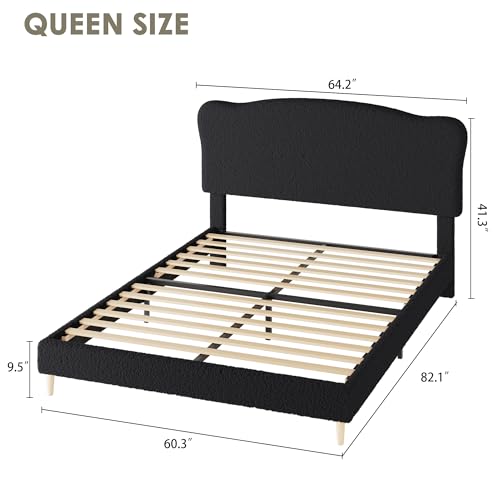 Image of GarveeHome Queen Size Bed Frame with Upholstered Headboard, Soft Low Profile Sturdy Platform Bed with Rounded Corners Design, Heavy Duty, Wooden Slats, Noise Free, No Box Spring Needed, Black