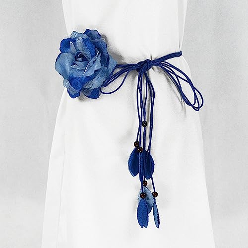 Ladies Bohemian Style Waist Belt Delicate Flower Decors Braided Belt Dress Women Seaside Waist Belt, Blue3