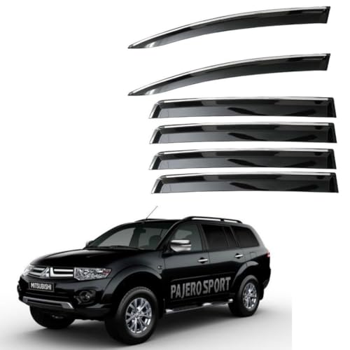 Image of CAR SAAZ Unbreakable Chrome Smoke Door Visor for Pajero Sport | Premium Sun, Rain Wind Deflector Chrome Strip Side Door Rain Visor - Set of 6 Pcs