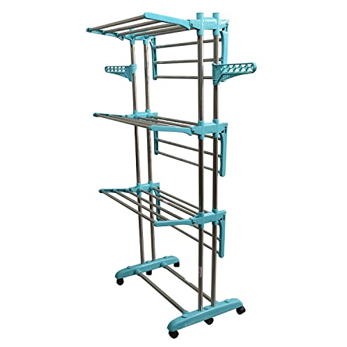 Image of CIPLA PLAST Stainless Steel Heavy Duty Double Pole 3 Layer Foldable & Movable Prince Jumbo Cloth Drying Stand for Balcony and Floor BRC-786 SS (Green)