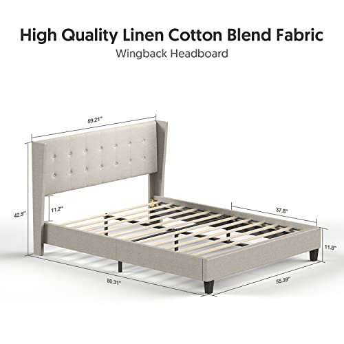 Bonsoir Bed Frame Upholstered Traditional Low Profile Platform With Wing Back Headboard/No Box Spring Needed/No Bed Skirt Needed/Linen Fabric Upholstery/Sand (Sand, Full Size) #TOP2