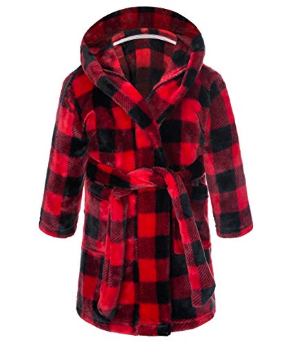 NUOGMOK Kids Bathrobes Hooded Robes Plush Soft Coral Fleece Sleepwear for Girls Boys(Red Black Plaid,US 2T/Height 35.4
