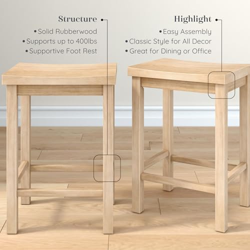 Grain & Grove Smith Collection Set of 2 Solid Wood Counter Height Bar Stools, 24-Inch Saddle Seat Backless Stools, Ideal for Kitchen Island, Dining, or Home Bar Seating, Blonde