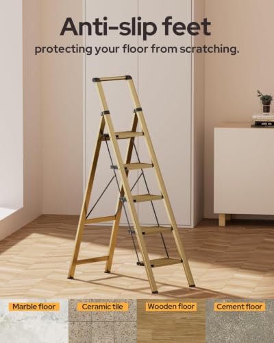 Image of 5 Step Ladder for 10 Feet High Ceiling, Lightweight Aluminum Folding Step Stool with Convenient Handgrip, Stepladders with Anti-Slip and Wide Pedal for Home Use Space Saving - Gold
