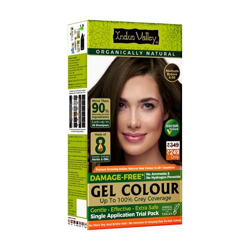 INDUS VALLEY Damage Free Natural Gel Hair Colour for Women | Ammonia & PPD Free Organic Hair Colour with 100% Grey Coverage, Long Lasting Hair Color Trial Pack (Medium Brown, 65 ml)