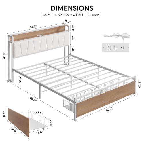 Image of LIKIMIO Queen Size Bed Frame with 2 Drawers and Charging Station