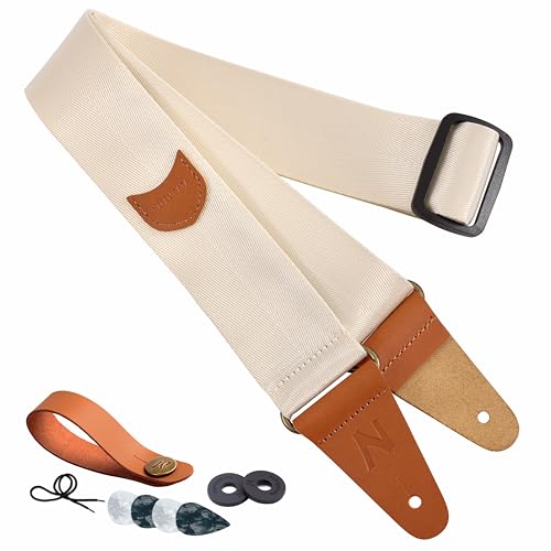 Nefelibata Guitar Strap with Pick Pocket, Vintage Nylon Full Grain Leather Ends Guitar Straps for Bass, Electric & Acoustic Guitar, with Strap Button, 1 Pair Strap Locks and 4 Guitar Picks (Beige)