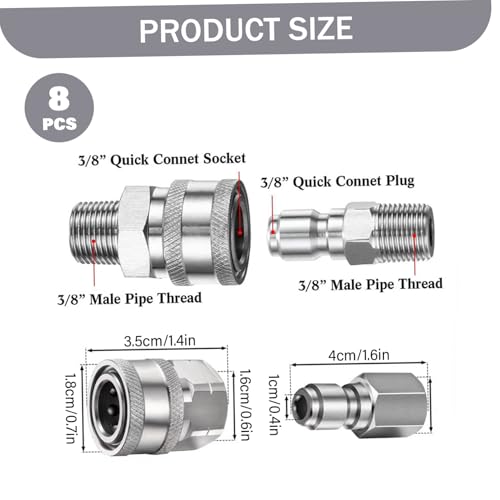 Kit de conexión rápida de 3/8" para hidrolavadora de acero inoxidable con cinta PTFE 3