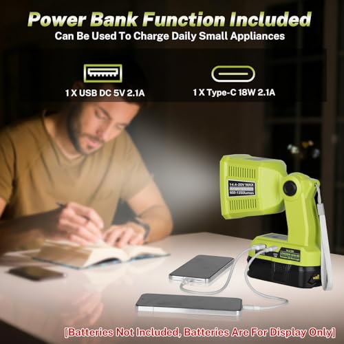 Image of Work Light Compatible with Ryobi 18V Battery, Work Lights 1250LM 18W with USB & Type-C Output Port, Portable Flashlight Spotlight & Floodlight 2 in 1 for Home Repair Lighting [ No Battery ]