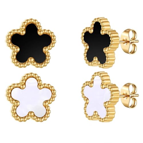 Clover Earrings for Women Stainless Steel Hypoallergenic Clover Stud Earrings Lovely Gift (Black/White)