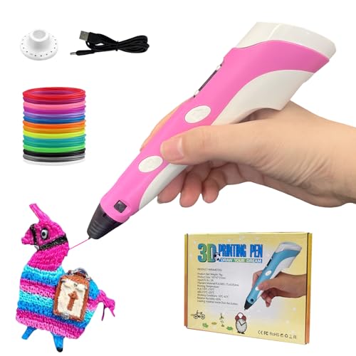 Caneta 3D com Display LED, Caneta 3D Para Crianças, Kit Filamentos Coloridos PLA, Adaptador AC, Base de Suporte, Brinquedos para Meninos e Meninas, DIY Presente de Dia das Crianças (Dez Cores Rosa)