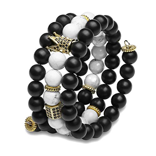 Top Plaza Healing Crystal Stone Gemstone White Turquoise & Matte Black Agate Beads Bracelet Crown Charm Multilayer Wrap Bracelets Bangle Yoga Reiki Quartz Jewelry For Womens Mens Couples #TOP1
