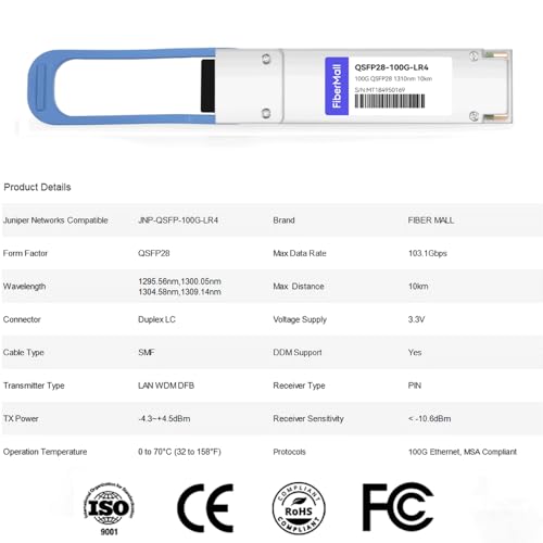 Image of 100G QSFP28 LR4 for Juniper Networks JNP-QSFP-100G-LR4, 100GBASE-LR4 QSFP28 Optical Transceiver Module,1310nm 10km LAN WDM LC SMF DOM