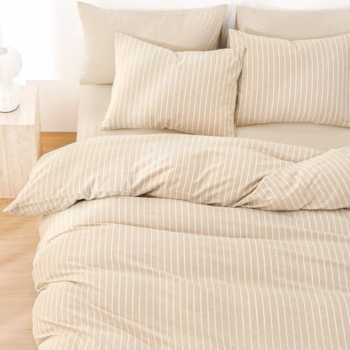 Image of Wake In Cloud - Striped Cotton Duvet Cover Set, Ticking Stripe Vertical Pinstripe Farmhouse, 100% Washed Cotton Textured Bedding Set, 3 Pieces, Tan, Twin /Twin XL Size