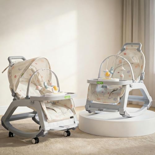 Image of Baybee Baby Rocker & Bouncer Chair for 0-3 Years | Baby Feeding Chair with Push Rocker Mode, Adjustable Canopy, Hanging Toys, 360 Wheels & 3-Point Safety Belt (Beige)