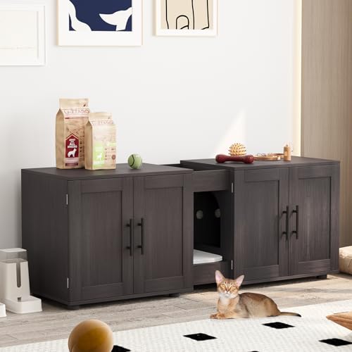 Cat Litter Box Furniture Hidden for 2 Cats, Double Cat Litter Box Enclosure,Wooden Cat Washroom Furniture with Cat Litter Pad, 55