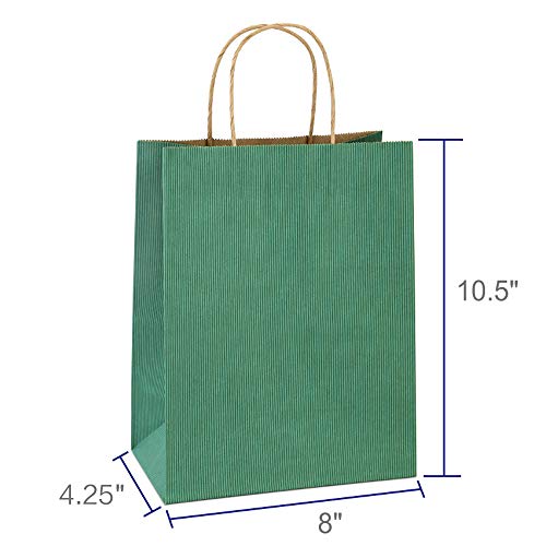 Bagdream Shopping Bags 8X4.25X10.5 Inches 100Pcs Gift Bags Kraft Bags Retail Bags Green Stripe Paper Bags With Handles Bulk, 100% Recycled Paper Gift Bags #TOP1