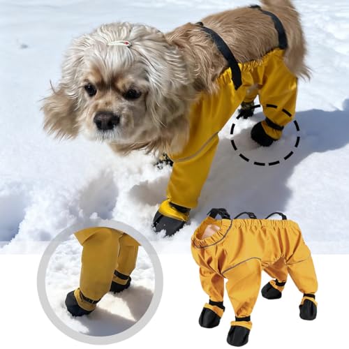Hundeschuhe, wasserdichte Pfotenschuhe mit Anti-Rutsch Sohle, Verstellbare Hundestiefel für Klein- und Mittelhunde, Gamaschenschutz gegen Schmutz und Nässe (Yellow, XS(1-2.5kg))