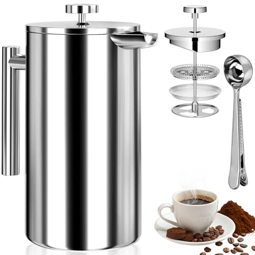 350ml Cafetera émbolo con Cuchara, Prensa Francesa Acero Inoxidable, French Press con Sistema Filtración 3 Niveles, Cafetera Doble Pared Multifuncional para Hogar, Viajes, Camping, Oficina (Plateado)