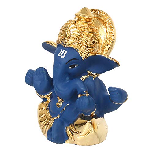 Image of eCraftIndia Gold Plated Blue Mukut Ganesha Decorative Showpiece for Home /Temple /Office /Car Dashboard