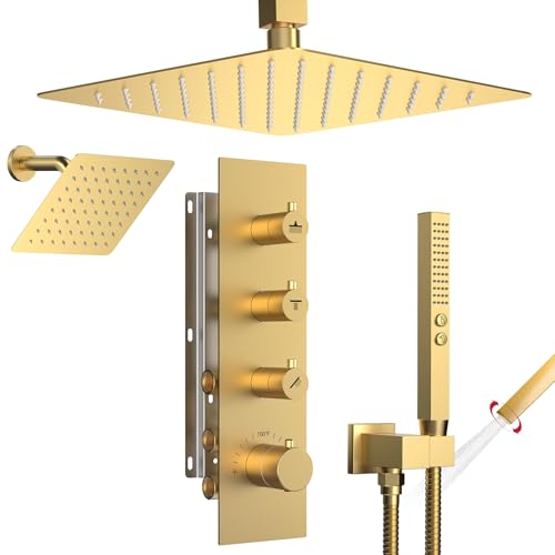 Image of Shower Faucet Set,Thermostatic Shower System Brushed Gold,12 Inch Ceiling Mounted and 6 Inch Wall Mount Rain Shower Head with 2 in 1 Handhled,High Pressure Dual Shower Head Combo Set