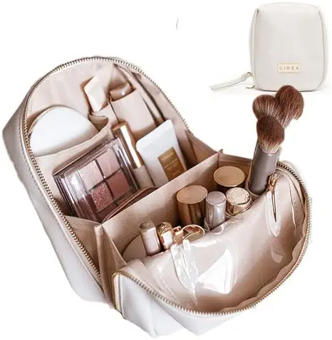 CIREA Elegant Portable Puffer Cosmetic Bag for Women with Compartments Large Capacity Travel Makeup Bag for Purse (Beige)