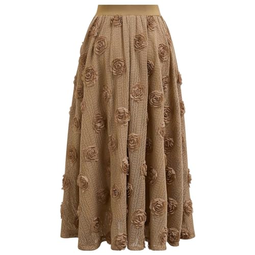 CHICWISH Women's 3D Rose Openwork Elastic Waist Cotton Casual Midi Skirt3