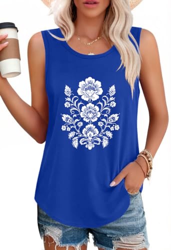 elescat Womens Tank Tops Summer Sleeveless Top, Royal Blue Flower, M