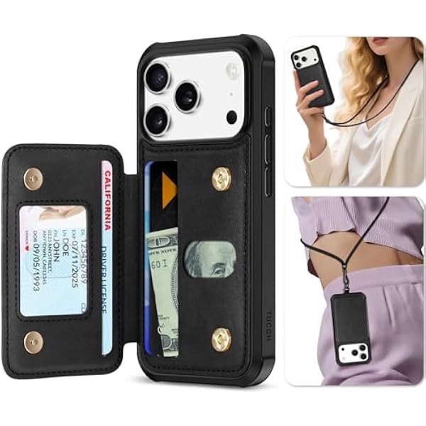 TUCCH Etui kompatybilne z iPhone 17 Pro 6,3 cala 2025, magnetyczne zapięcie, etui z klapką, blokada RFID, etui na telefon komórkowy, nierozdzielne, 3 przegródki na karty, odporny na uderzenia zderzak