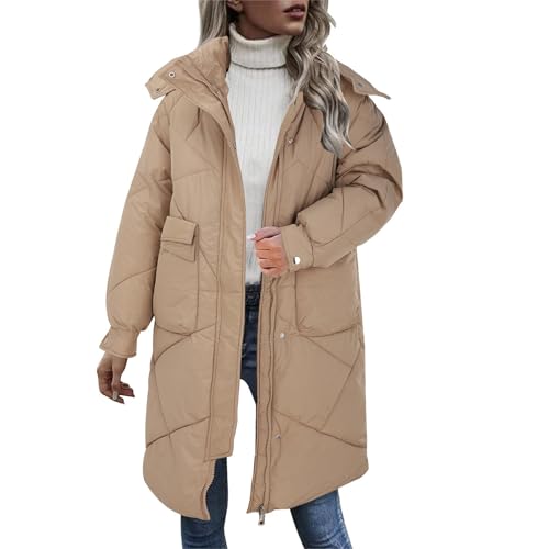 C𝐚zadora Mujer Invierno Sombrero Desmontable Grueso de Color sólido de Invierno para Mujer con Bolsillos Grandes de Doble Abrigo Largo Acolchado Impermeables para Mujer Chaquetas para (Khaki, L)