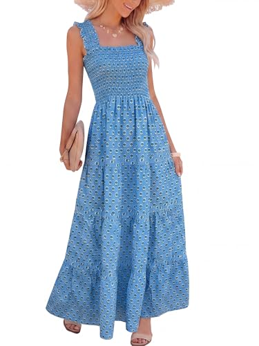 Image of Caracilia Womens Summer Maxi Dresses Floral Smocked Sleeveless Ruffle Boho Casual Flowy Aline Beach Vacation Long Sundress