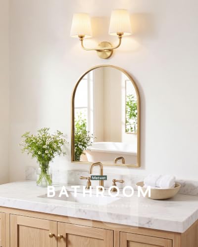 Image of 2-Light Gold Bathroom Vanity Light, Beige Pleated Fabric Shade | 17 inch 2-light gold double wall sconce with beige pleated fabric shades, E26 bulbs, hardwired, upward only, VL837-BG-Z-B-2