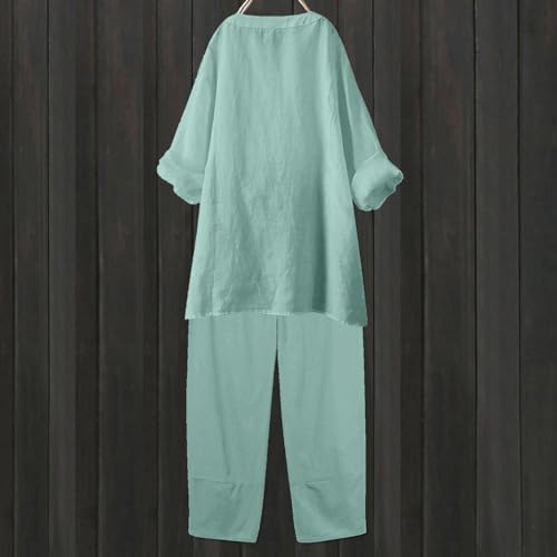 Generic Women's Two Piece Summer Cotton Linen Outfits Casual Button Up Long Sleeve Top and Wide Leg Pants Set with Pockets4