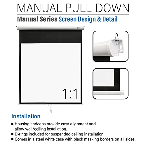 Image of Akia Screens 125 inch Manual Pull Down Projector Screen, 1:1 Retractable Projection Screen, Auto Lock Ceiling & Wall Mount, 8K 4K HD Ready, White Case, AK-M125S1.