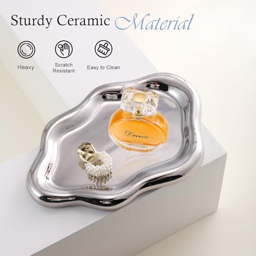 Image of CCINPPY Ceramic Jewelry Tray Trinket Dish, Decorative Cloud Vanity Key Tray for Women, Ring Holder Dish, Cute Jewelry Plate Bowl Room Decor Aesthetic, Silver, Large
