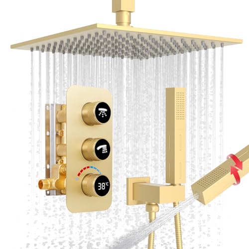 GETSHOWERSET Rainfall Shower System, 10 Inch Rain Shower Head with 2 in 1 Handheld, Ceiling Mounted Shower Faucet Set, Brushed Gold