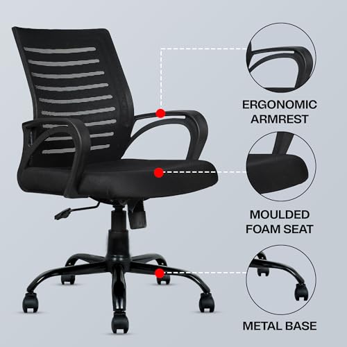 Image of MRC EXECUTIVE CHAIRS ALWAYS INSPIRING MORE Boom Mesh Mid-Back Ergonomic Desk Office Chair With Tilting Mechanism,Comfortable Seat & Revolving Heavy Duty Metal Base|for Work from Home & Study (Black)