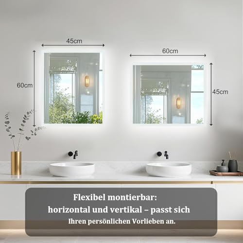 LUVODI Badspiegel mit Beleuchtung 60x45 cm, 3 Lichtfarben, Antibeschlag – Ansicht 3