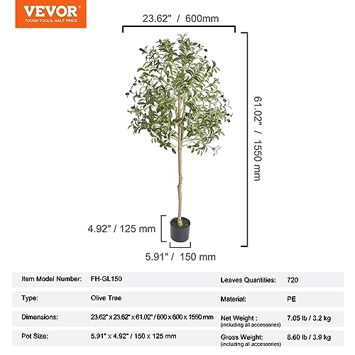 Image of VEVOR Artificial Olive Tree, 5 FT Tall Faux Plant, Secure PE Material & Anti-Tip Tilt Protection Low-Maintenance Plant, Lifelike Green Fake Potted Tree for Home Office Warehouse Decor Indoor Outdoor