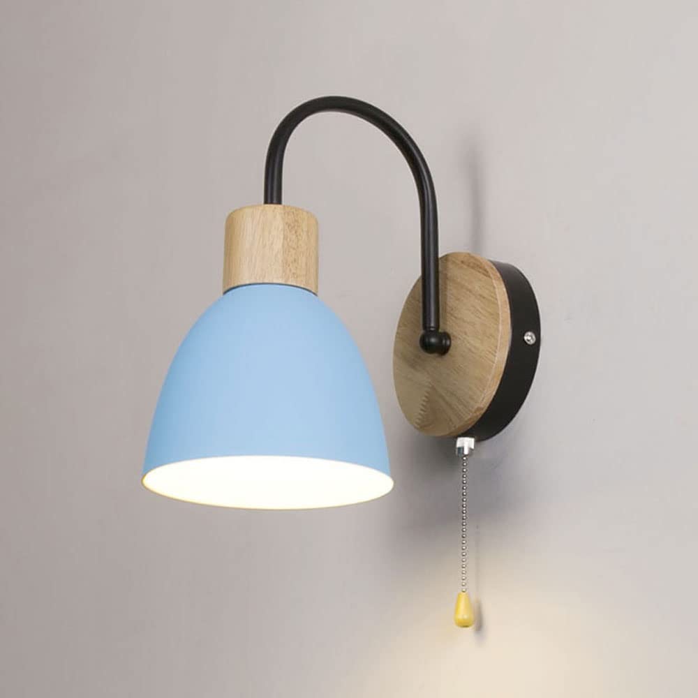 HYJAUSXB Modern Nordic Hardwired Wall Light - Wood Lamp with Pull Chain Switch Bedroom Bedside Headboard Lighting Mount Lights for Study Room, Hallway, Foyer (White-Yellow) (BlackBlue)